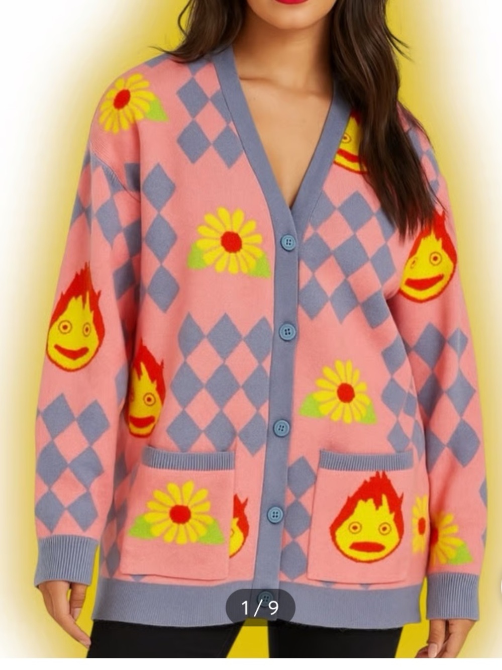 Studio Ghibli Howl's Moving Castle Diamonds & Calcifer Cardigan Sz Medium